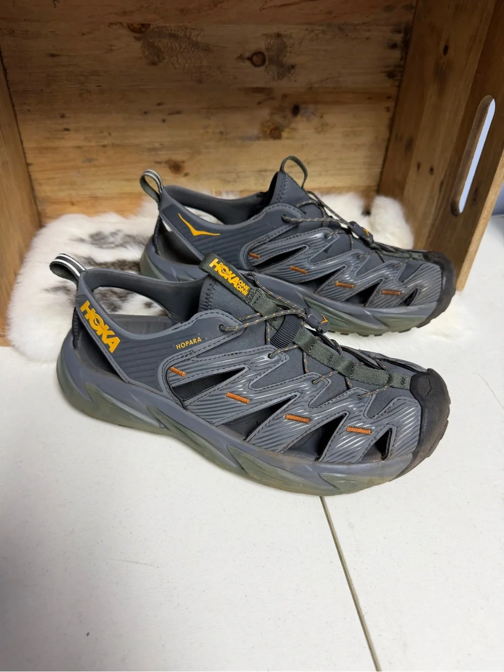 Hoka Men's Gray Sandal/Water Shoes with Gold Logo Accents